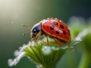 Fototapeta premium Ladybug on a flower with dew drops on the petals