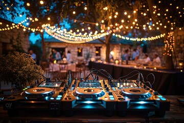 a dj set up in front of a crowd of people