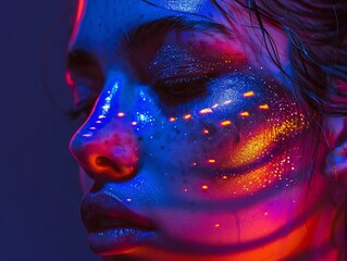 a woman with colorful lights on her face