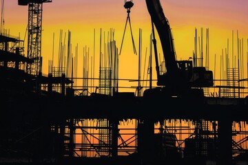 Silhouette of construction equipment on a busy site, abstract  , background
