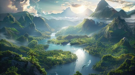 A planet landscape with a mountain range covered in lush forests and vegetation. a beautiful river cuts through the mountain range. Aerial high view. Generative AI.