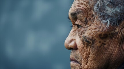 a close up of the side of an elderly maori man's head. the background is empty and a dark grey blue.  Portrait of an old man with a tattoo on his face.