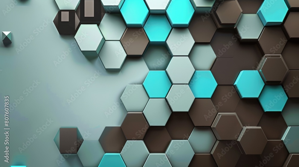 Poster 3d rendering of beveled hexagons in turquoise, brown, and gray. aig51a.