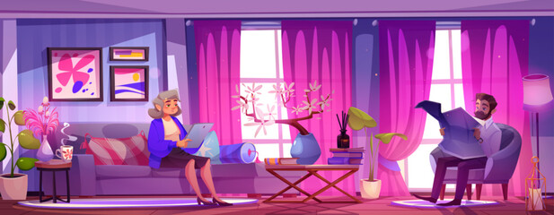 Pink home living room interior with sofa design. Couch, lamp, table furniture and hanging curtain in modern fancy apartment lounge. Reading man and woman in livingroom with purple wall graphic.