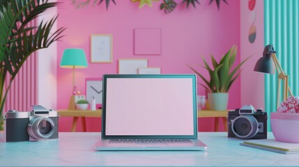 Digital Oasis A Stylish Influencer's Workspace with Modern Tech and Creative Vibes