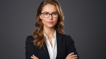  A professional headshot portrait of a young woman in glasses, isolated on a clean white background. Her folded arms and confident gaze convey a sense of determination and competence. Keywords profess