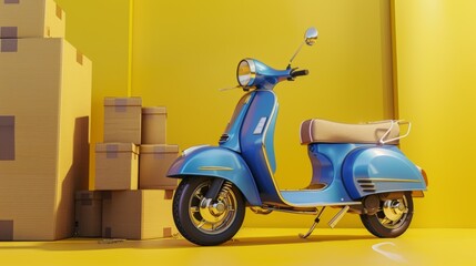 Illustration of a blue scooter against a bright yellow background surrounded by cardboard boxes, representing urban delivery