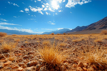 Vast sandy desert panorama under a vivid blue sky, creating a stunning contrast.. AI generated.