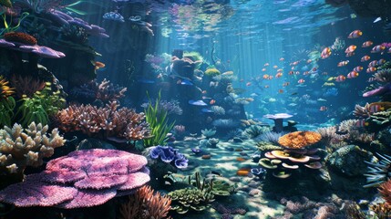 Vibrant underwater coral reef scene with diverse marine life, illuminated by sunlight filtering through water