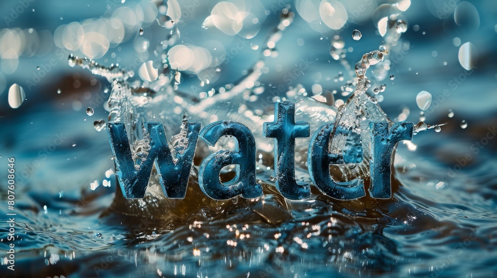 Poster 3d text 'water' splashing in water. high-speed photography with copy space. freshness and hydration 