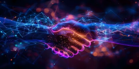 Blockchain business handshake symbolizing financial success and technological innovation. Concept Blockchain Technology, Business Success, Financial Innovation, Handshake Symbolism