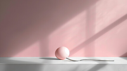  Table with pink wall, spoon on top, shadow ball nearby