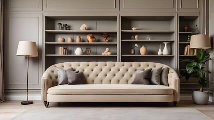 A wooden book shelf and a wall with gray paneling surround a beige, classically tufted sofa. Classic, retro living room interior design in a contemporary house.