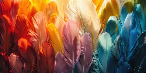 a hyper-realistic photograph of a collection of brightly colored feathers arranged in an elaborate...