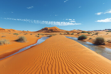Arid desert landscape featuring large, sprawling sand dunes under a cloudless blue sky.. AI generated.