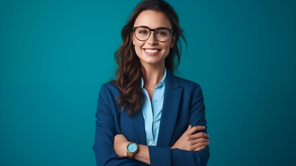 Happy young woman with glasses stands confidently, hands folded, against a vibrant blue backdrop. A genuine smile graces her face, radiating positivity and self-assurance. Keywords confident, professi