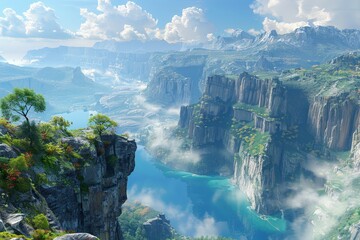 A breathtaking digital artwork of a mythical landscape featuring towering cliffs, a serene lake, and lush vegetation under a clear sky.