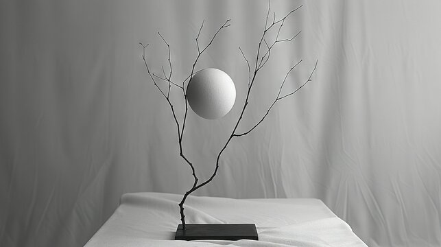   A monochrome image of an egg perched on a twig with a protruding twig