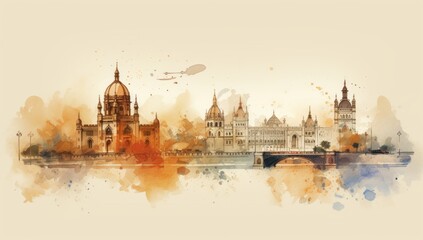 Watercolor splash with hand drawn sketch of Gateway of India Mumbai, India in illustration