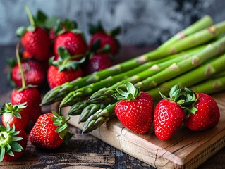 a group of strawberries and asparagus on a cutting board