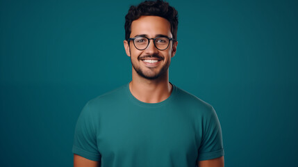  Smiling millennial male customer posing with confidence on solid colored background. Professional headshot portrait of a young man in glasses