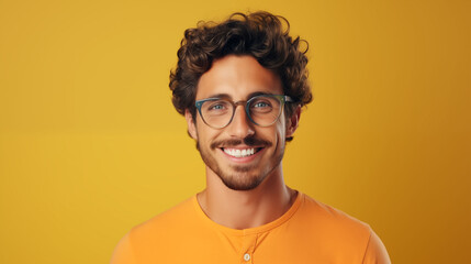  Smiling millennial male customer posing with confidence on solid colored background. Professional headshot portrait of a young man in glasses