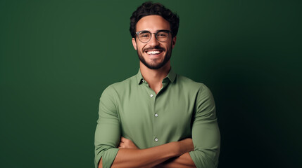 Young man in glasses smiling at camera with hands folded, against solid colored background. Confident male customer or professional headshot portrait
