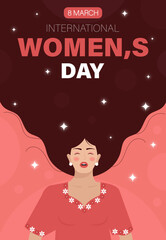 Vector illustration of international women's day vertical poster design with long hair girl from the front view flat style vector design.