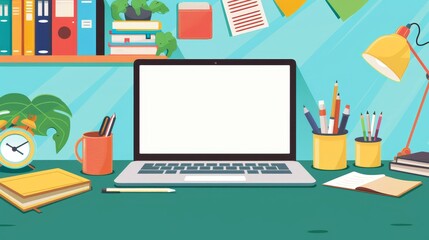 Empowering Education Teacher Crafting Engaging Online Lessons in Cozy Home Office with Blank Laptop Screen and Educational Tools