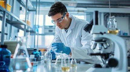 scientist working with microscope in laboratory, science research and development concept