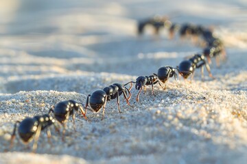 A close shot of line of ants marching on ground collecting food or moving with a big blurry backdrop and a big space for text, Generative AI.
