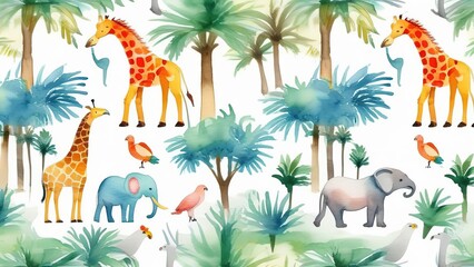 Seamless pattern with African animals on a white background. Children's seamless safari pattern with giraffe, elephant, parrots and green palm trees on a white background.