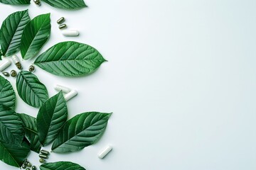 a group of green leaves and pills