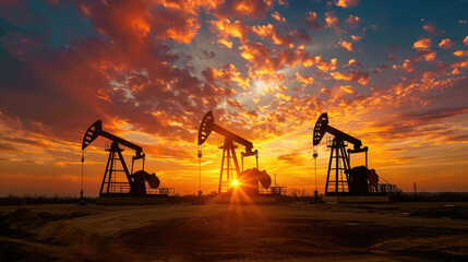 silhouettes of oil pumps placed one after another against the sunset