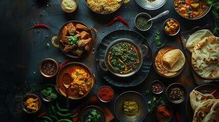 Top view
various foods on a black background