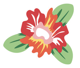 Abstract red tropical flower in flat design. Blooming hibiscus or rose head. Vector illustration isolated.