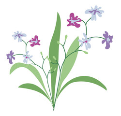 Abstract blooming wildflower in flat design. Springtime blossoms with grass. Vector illustration isolated.