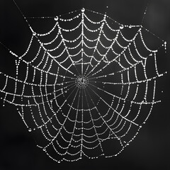 A monochromatic image capturing the delicate symmetry of a spider web adorned with glistening water droplets, set against the backdrop of a terrestrial plant and tree branches