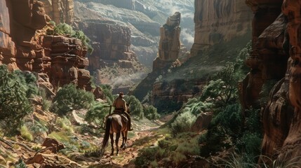 cowboy and his trusty horse traversing a rugged canyon trail, surrounded by towering rock formations and lush vegetation. 