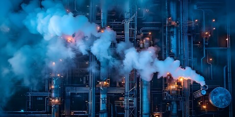 Aerial photo shows industrial factory emitting toxic fumes leading to pollution. Concept Pollution, Environmental issues, Industrial emissions, Aerial photography