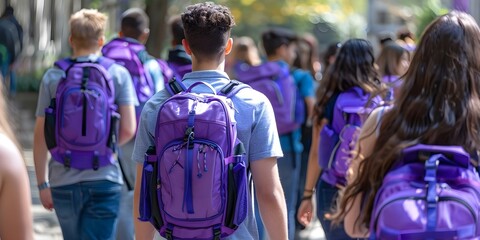 Group of students with backpacks walking down street in formation. Concept Students, Backpacks, Walking, Formation, Street