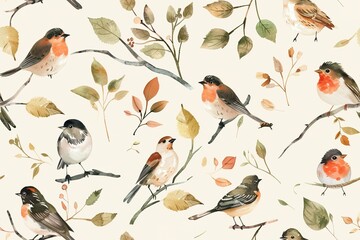 Pastel bird pattern with autumn leaves on soft backdrop
