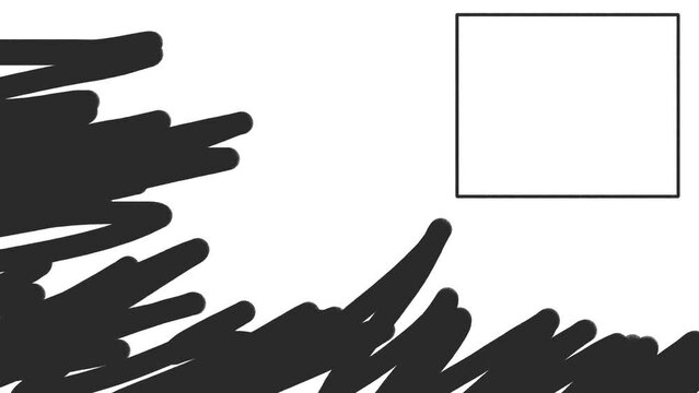 Changing oblong shapes, similar to rocks or an explosion of ink, rush towards the moving thin frame.