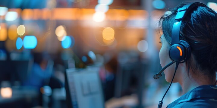 Female professional in headset at work in modern office space