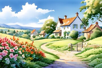colorful countryside houses nestled in a spring or summer scenery with blooming flowers
