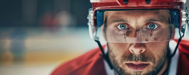 Intense ice hockey player focused before game, wearing helmet.