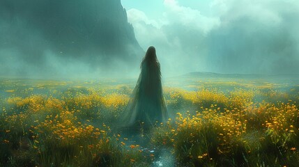   A woman stands amidst wildflower fields, gazing at a distant mountain