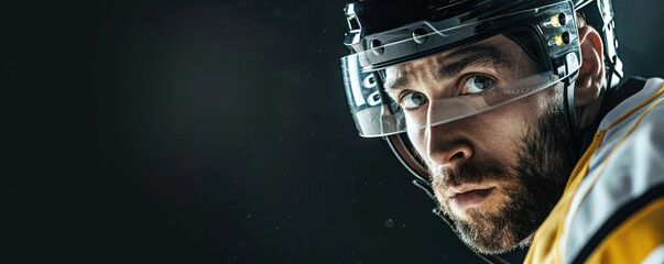 Intense ice hockey player focused before game, space for text on