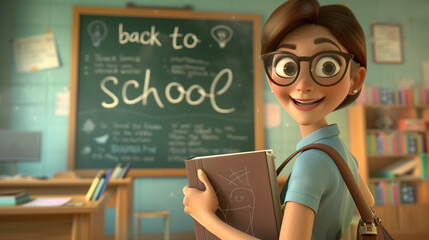a cute female teacher, , carrying some books, in front of the classroom, animated film style, tekst "back to school" on the blackboard. Education theme. Background for the beginning of school in septe