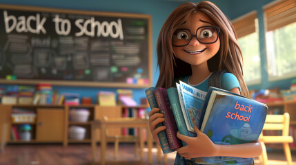 a cute female teacher, , carrying some books, in front of the classroom, animated film style, tekst "back to school" on the blackboard. Education theme. Background for the beginning of school in septe